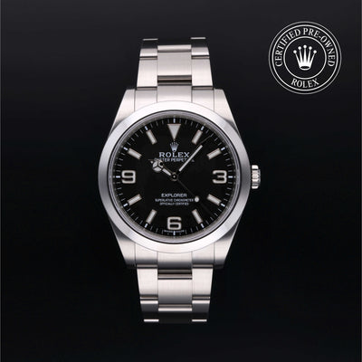 Rolex Certified Pre-owned Explorer M214270-0003 front on black background