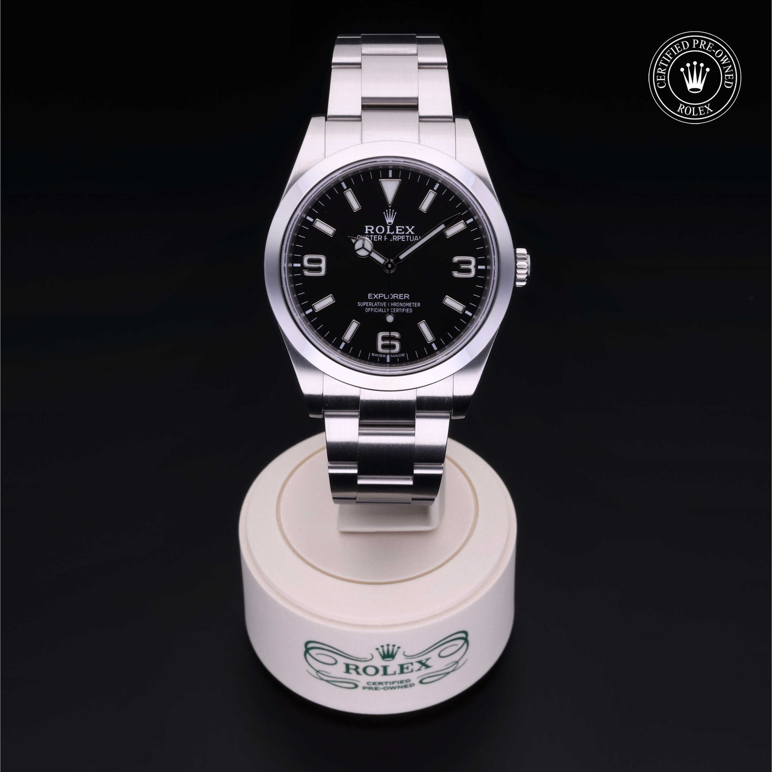 Rolex Certified Pre-owned Explorer M214270-0003 front on black background