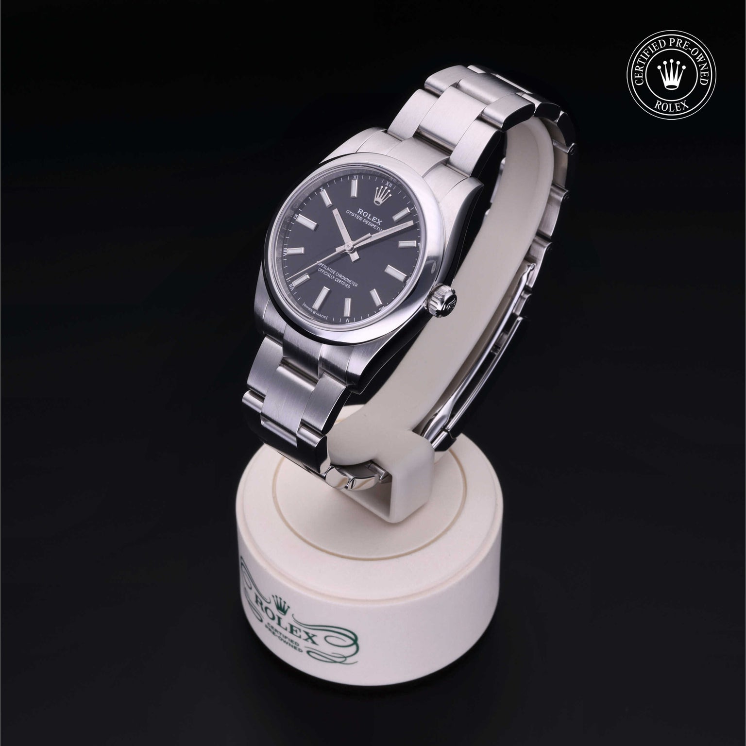 Rolex Certified Pre-owned Oyster Perpetual M124200-0002 front on black background