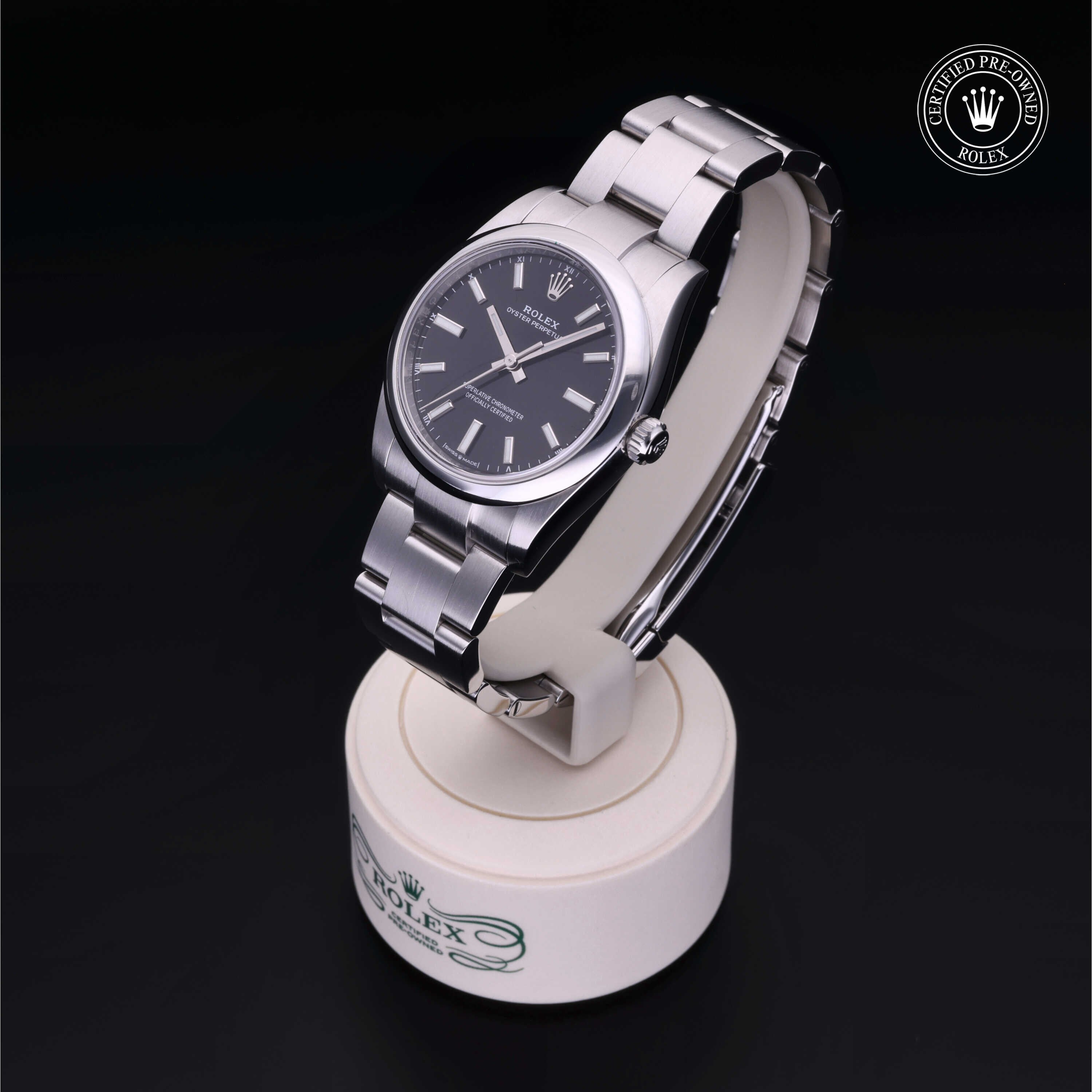 Rolex Certified Pre-owned Oyster Perpetual M124200-0002 front on black background