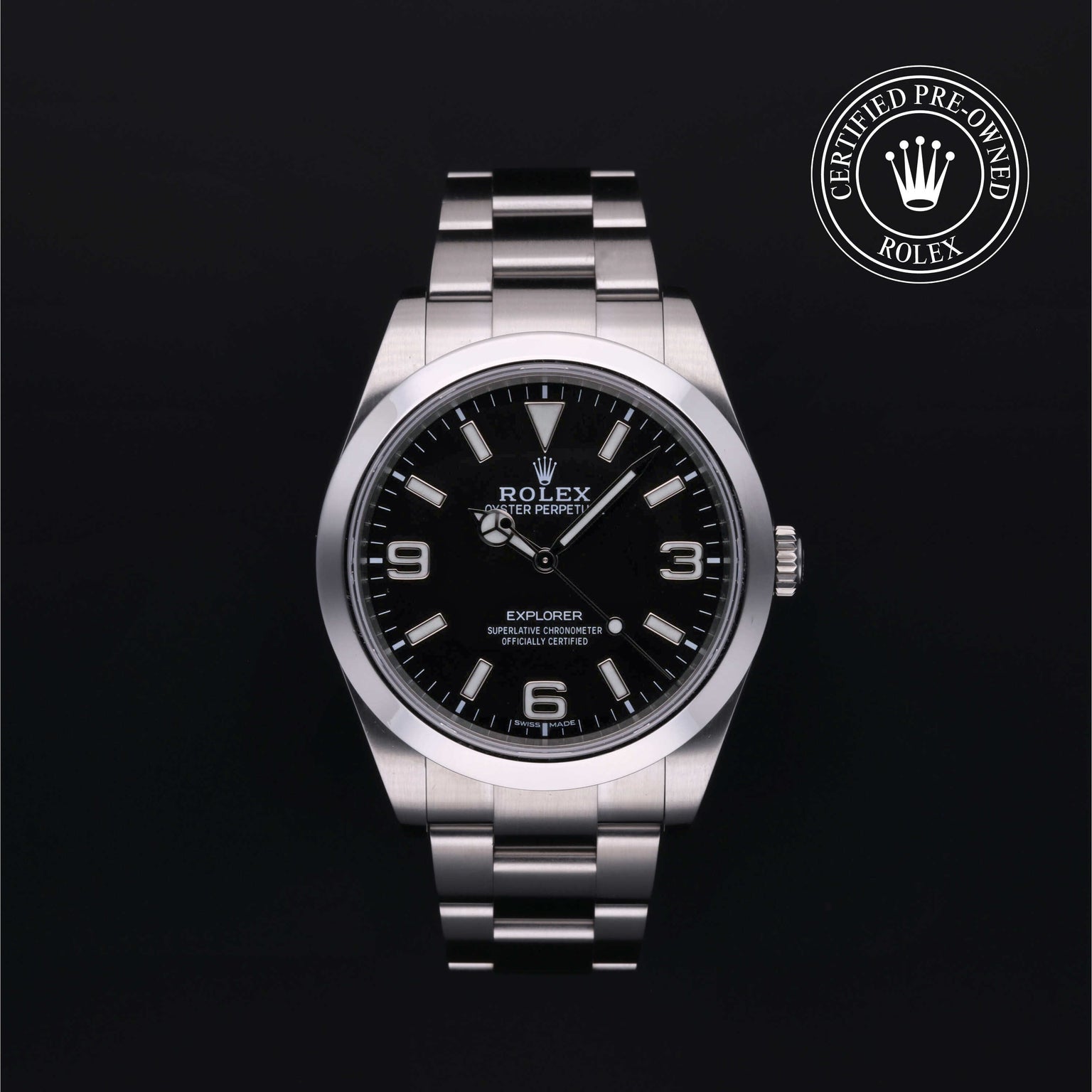 Rolex Certified Pre-owned Explorer M214270-0003 front on black background