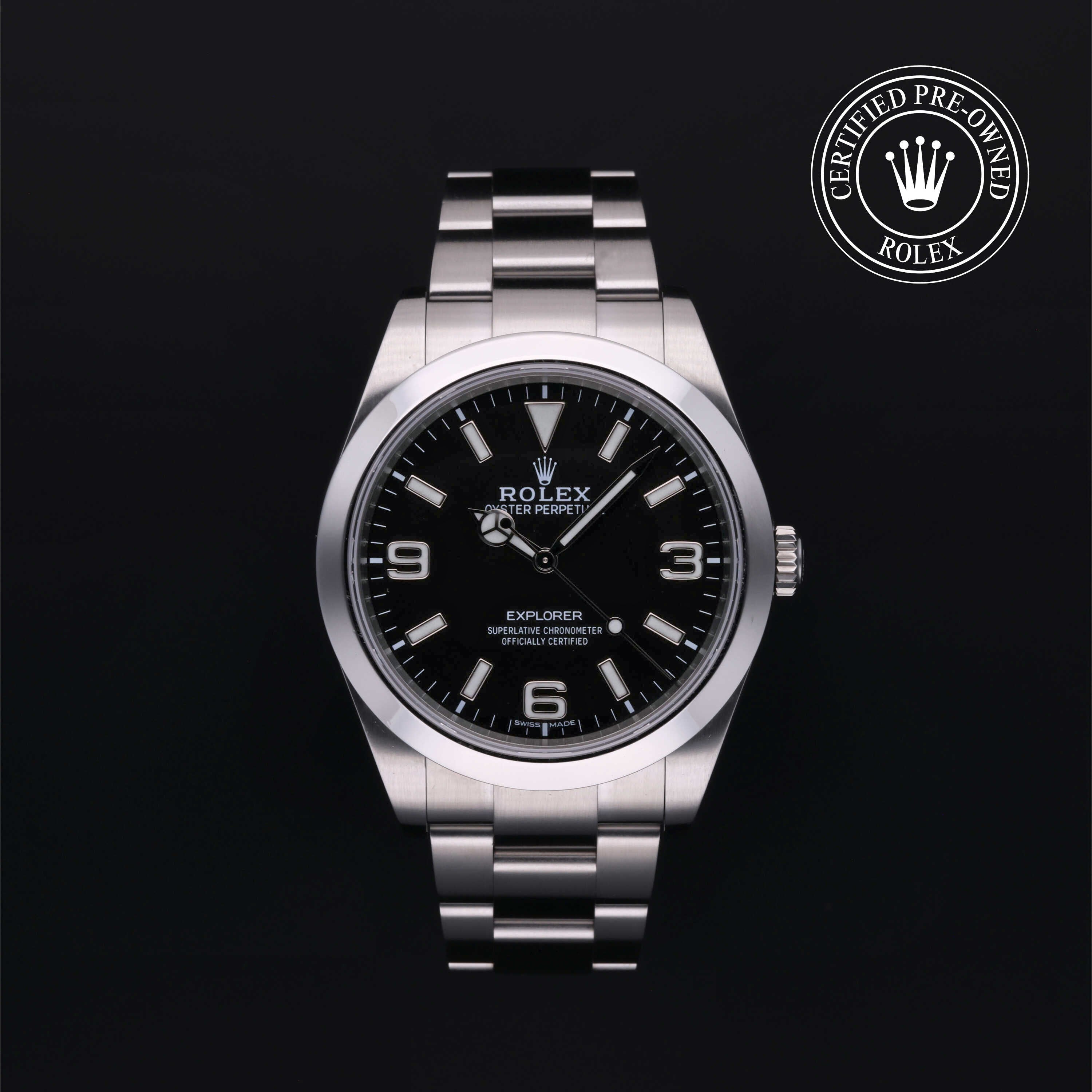Rolex Certified Pre-owned Explorer M214270-0003 front on black background
