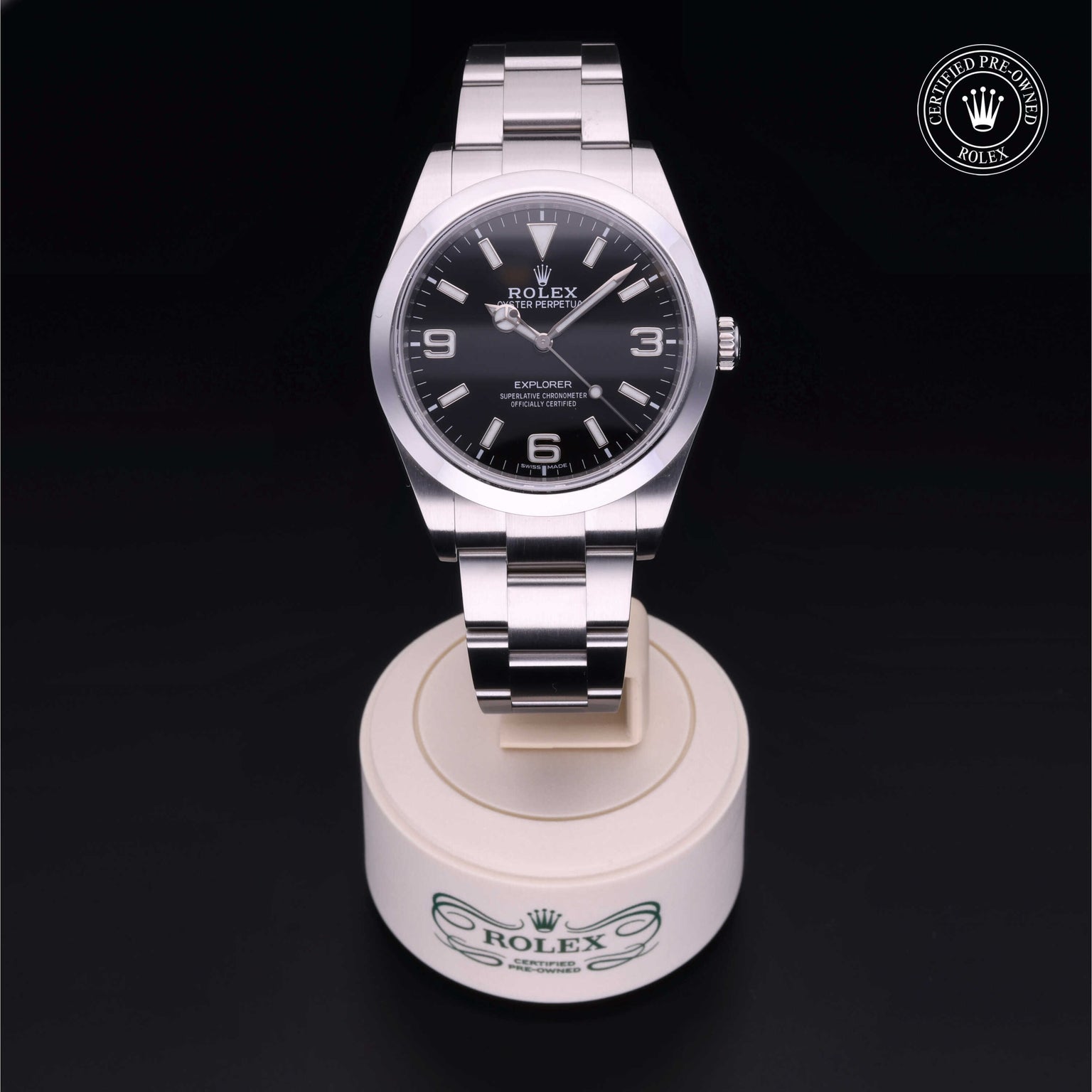 Rolex Certified Pre-owned Explorer M214270-0003 front on black background
