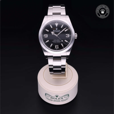 Rolex Certified Pre-owned Explorer M214270-0003 front on black background
