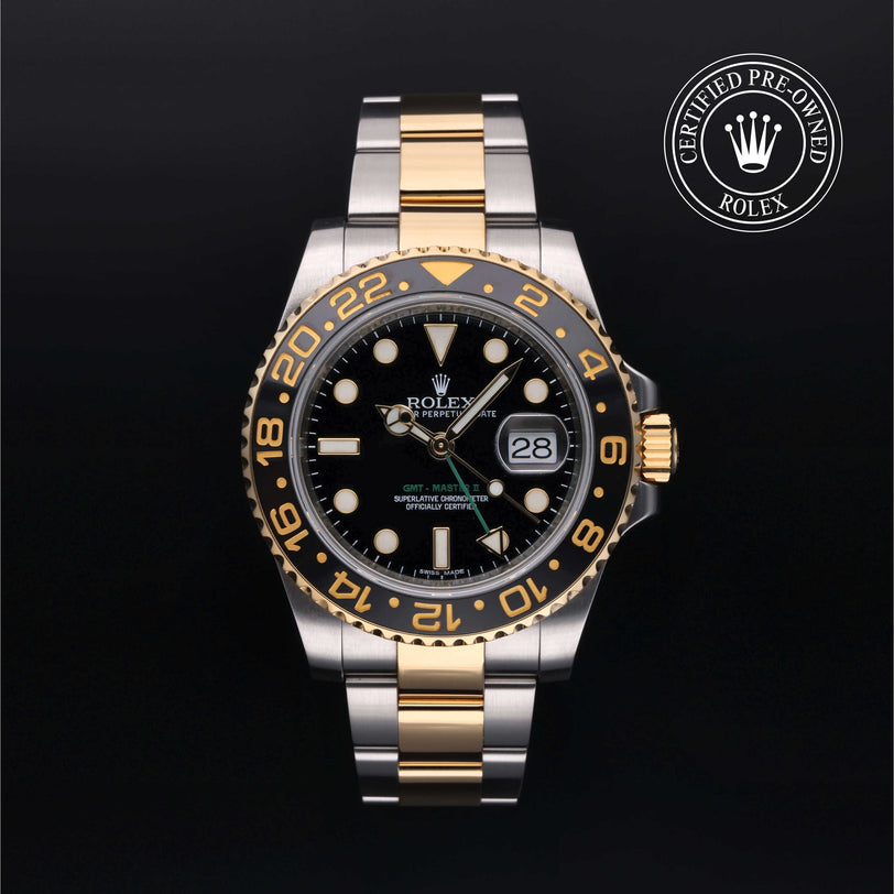Rolex Certified Pre-owned GMT II M116713LN-0001 front on black background