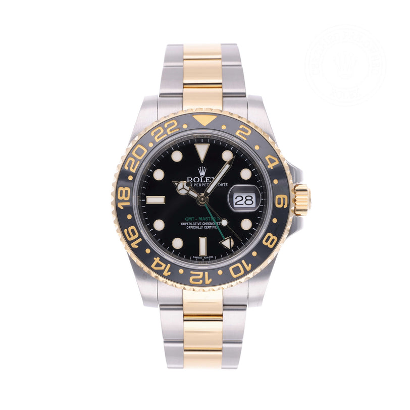 Rolex Certified Pre-owned GMT II M116713LN-0001 front on white background