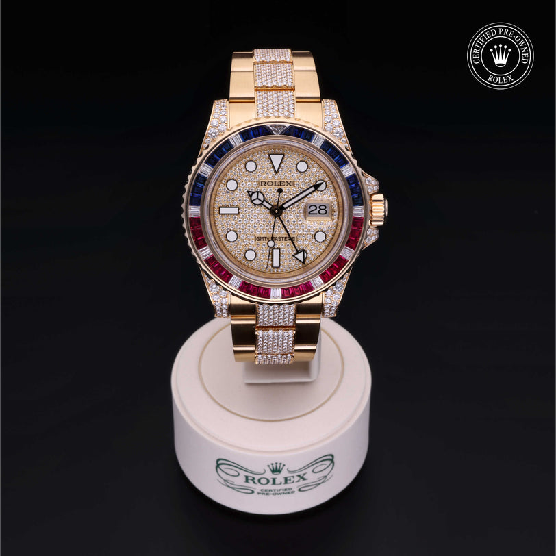Rolex Certified Pre-owned GMT II M116758SARU-0003 front on black background