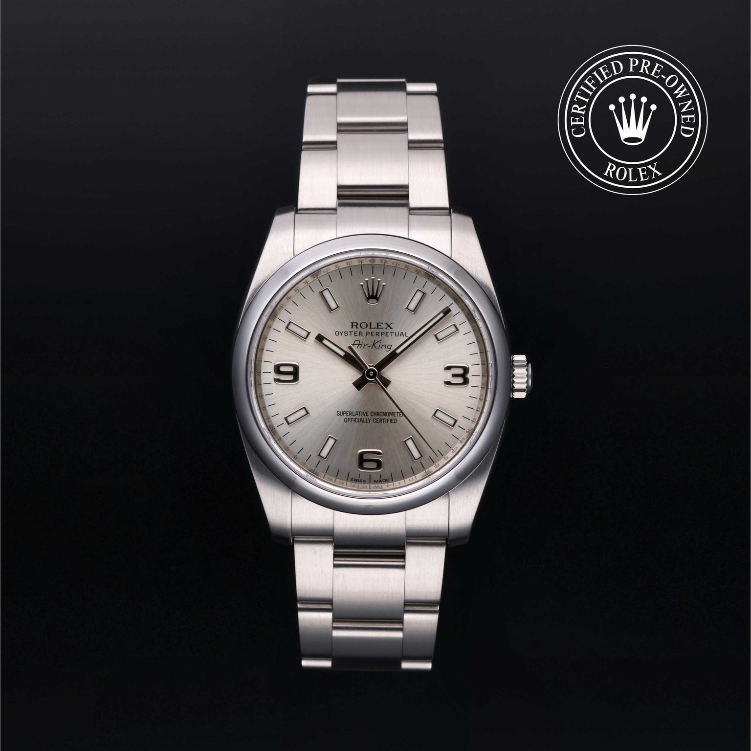 Rolex Certified Pre-owned Air-King M114200-0004 front on black background