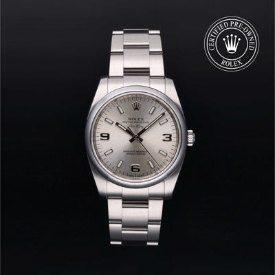 Rolex Certified Pre-owned Air-King M114200-0004 front on black background
