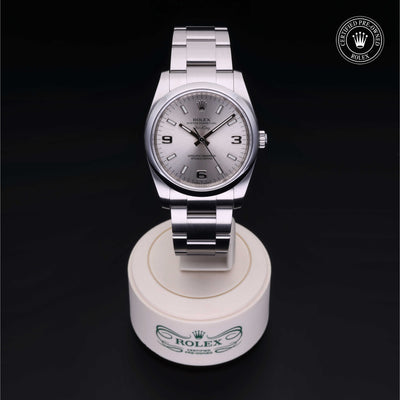 Rolex Certified Pre-owned Air-King M114200-0004 front on black background
