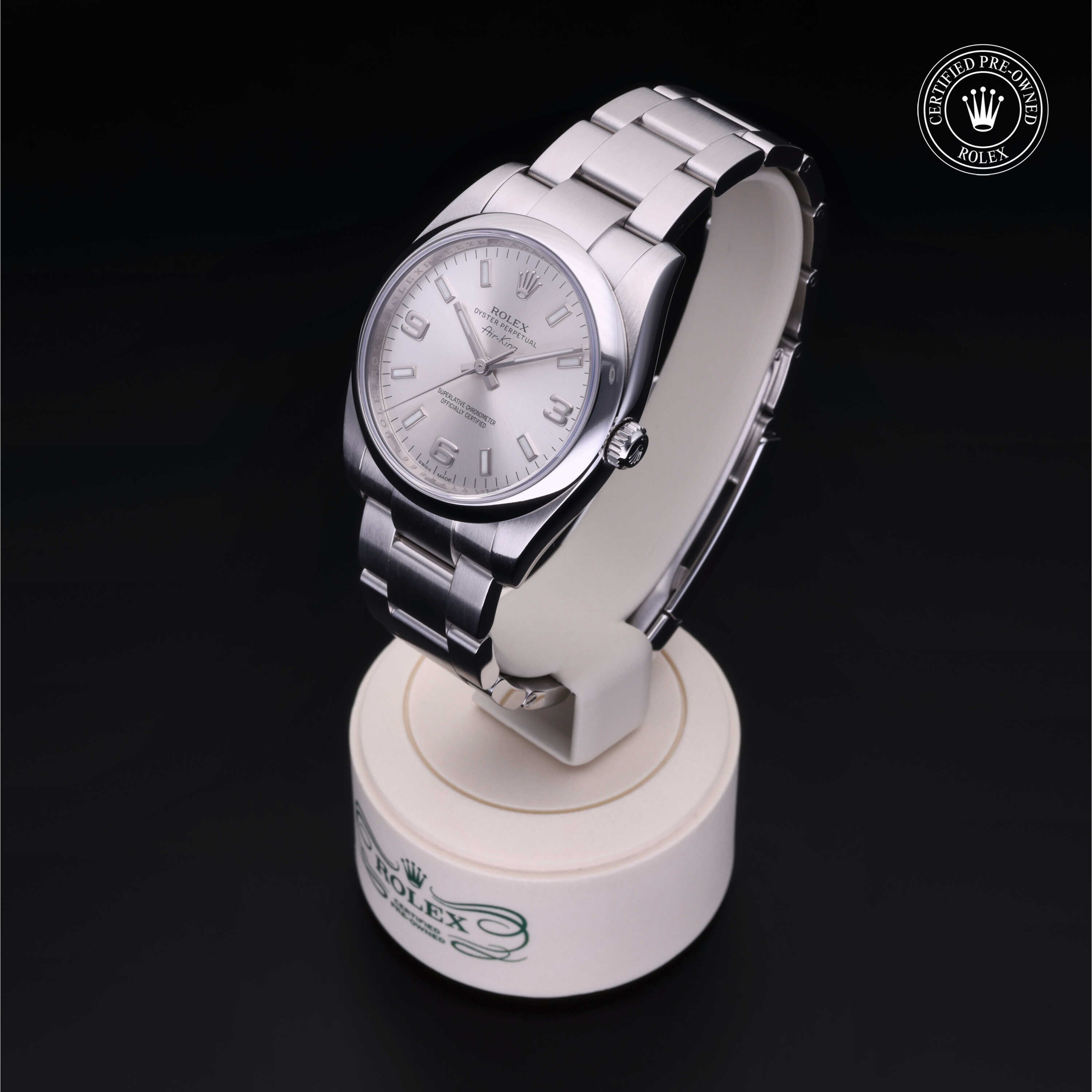 Rolex Certified Pre-owned Air-King M114200-0004 front on black background