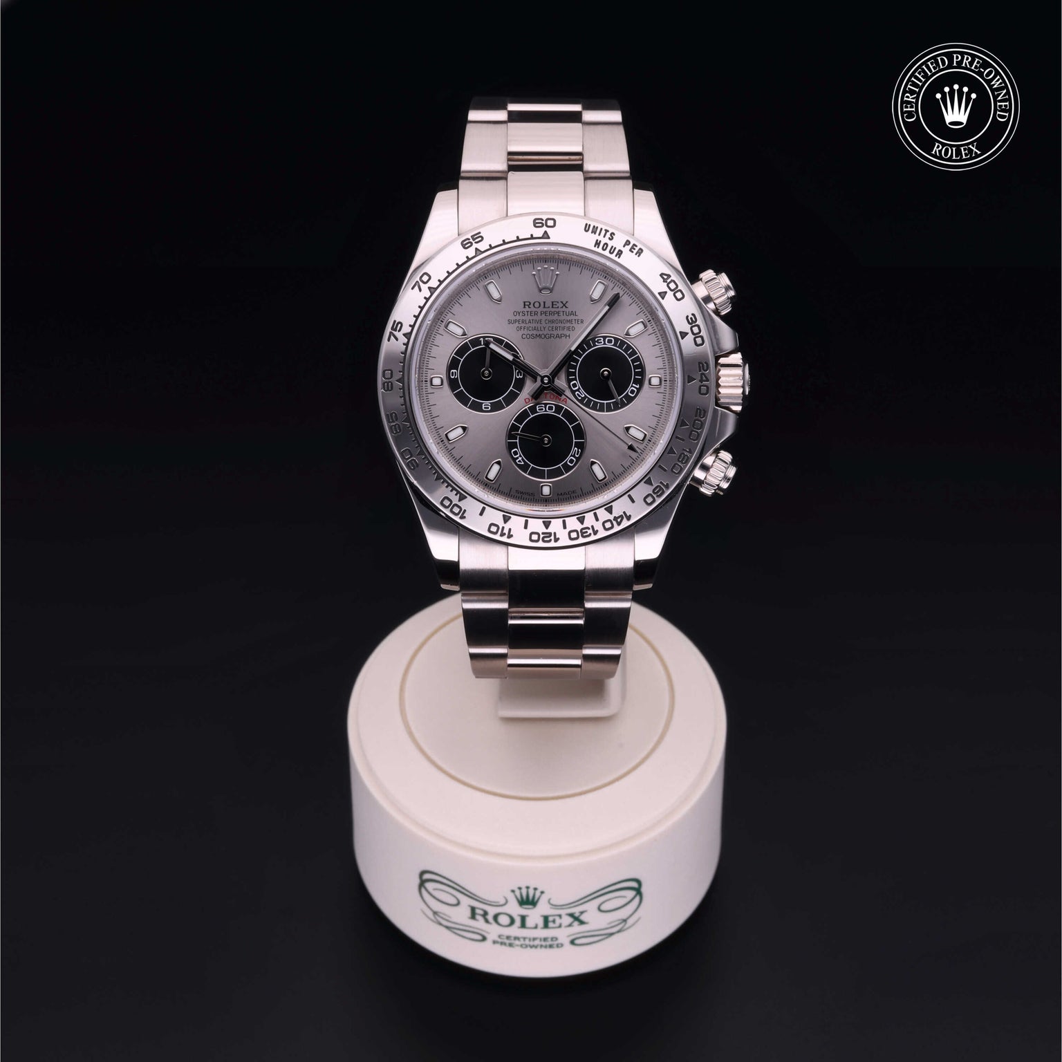 Rolex Certified Pre-owned Daytona M116509-0072 front on black background