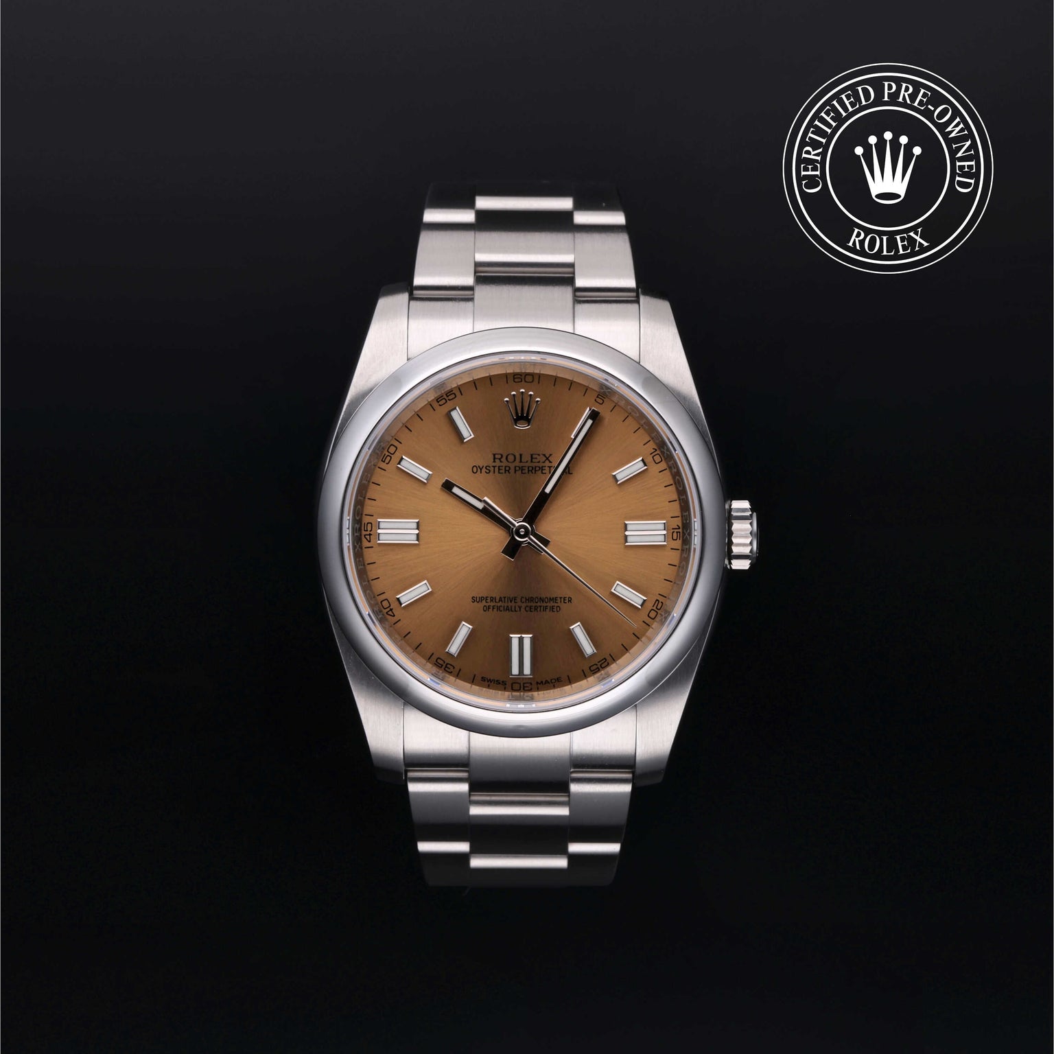 Rolex Certified Pre-owned Oyster Perpetual M116000-0011 front on black background