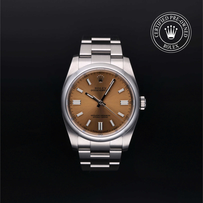 Rolex Certified Pre-owned Oyster Perpetual M116000-0011 front on black background