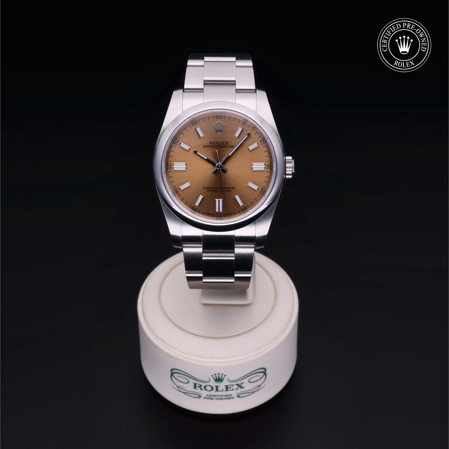 Rolex Certified Pre-owned Oyster Perpetual M116000-0011 front on black background