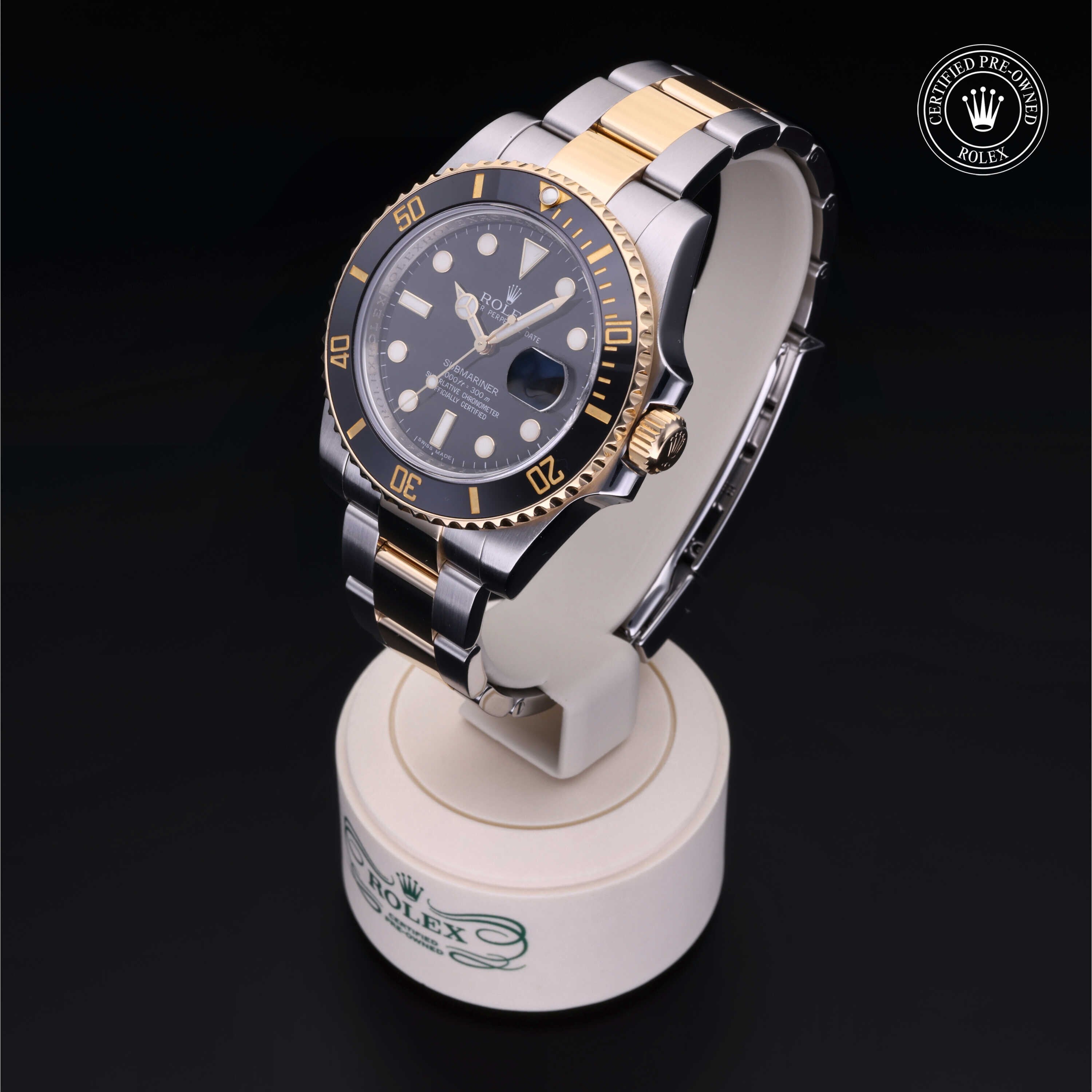 Rolex Certified Pre-owned Submariner Date M116613LN-0001 front on black background