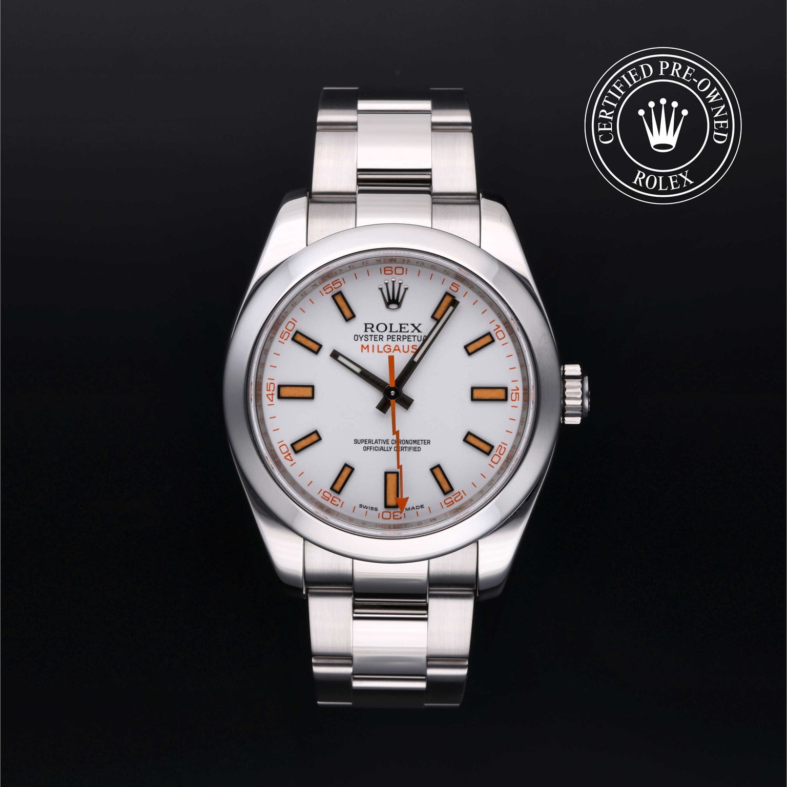Rolex Certified Pre-owned Milgauss M116400-0002 front on black background