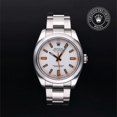 Rolex Certified Pre-owned Milgauss M116400-0002 front on black background