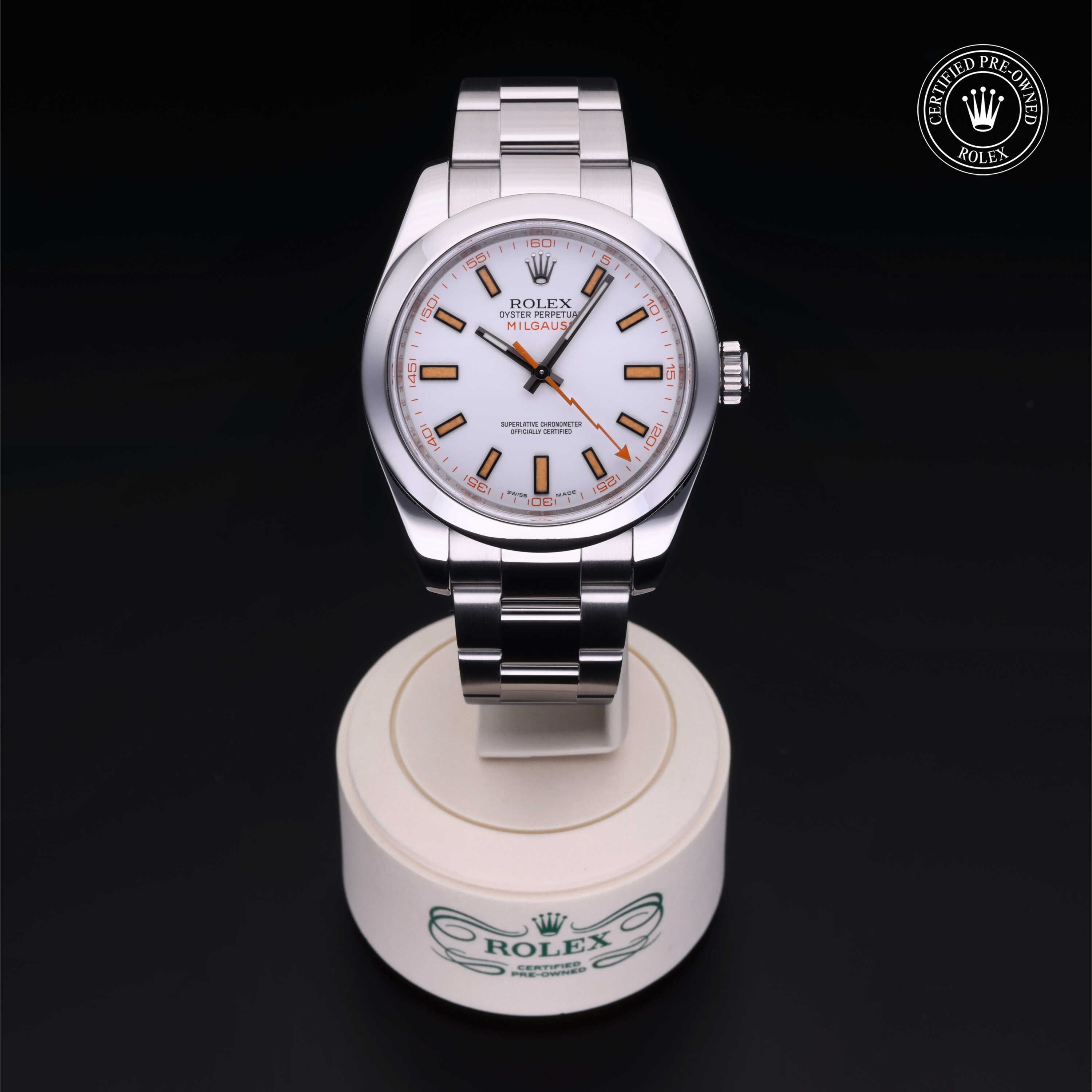 Rolex Certified Pre-owned Milgauss M116400-0002 front on black background