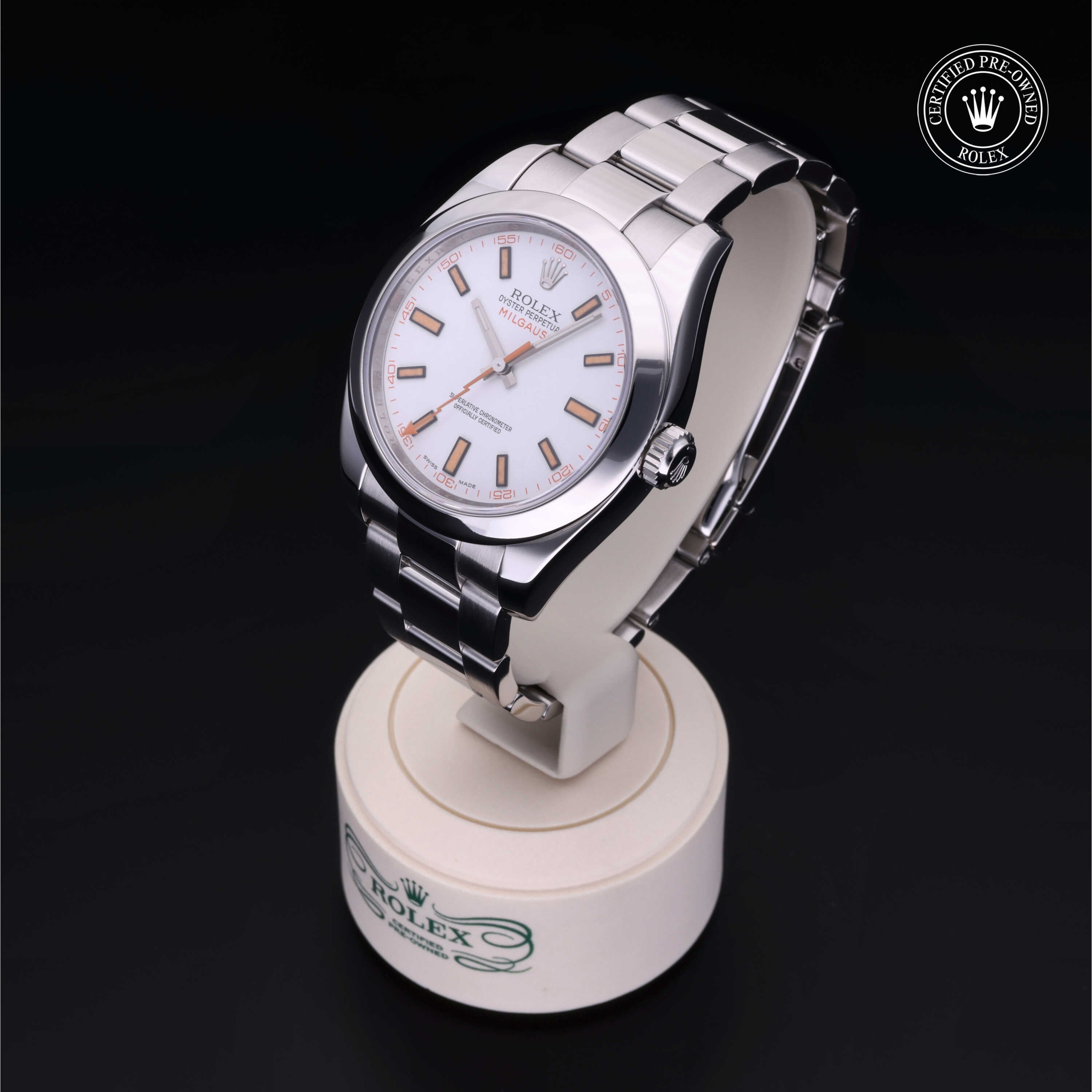 Rolex Certified Pre-owned Milgauss M116400-0002 front on black background