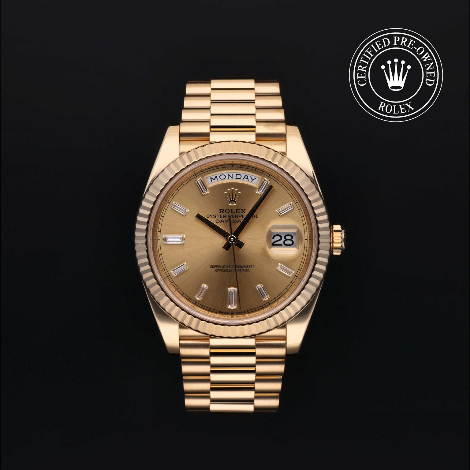 Rolex Certified Pre-owned Day-date M228238-0005 front on black background