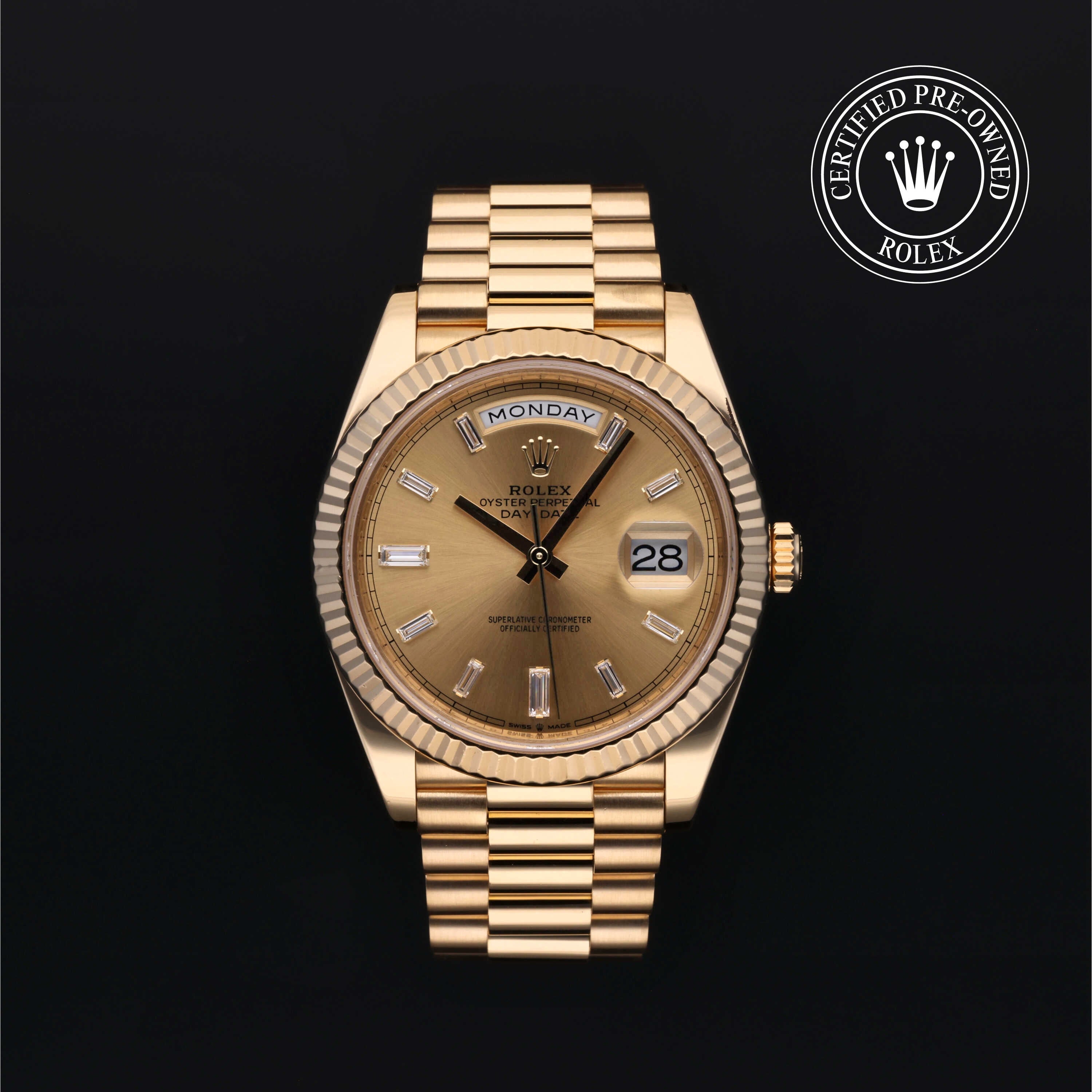 Rolex Certified Pre-owned Day-date M228238-0005 front on black background
