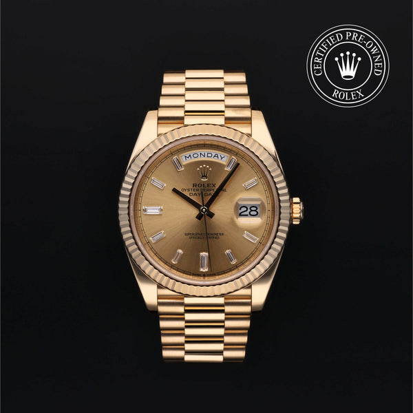 Rolex Certified Pre-owned Day-date M228238-0005 front on black background