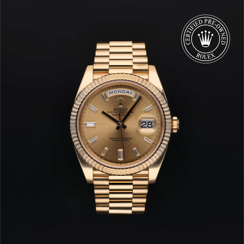 Rolex Certified Pre-owned Day-date M228238-0005 front on black background