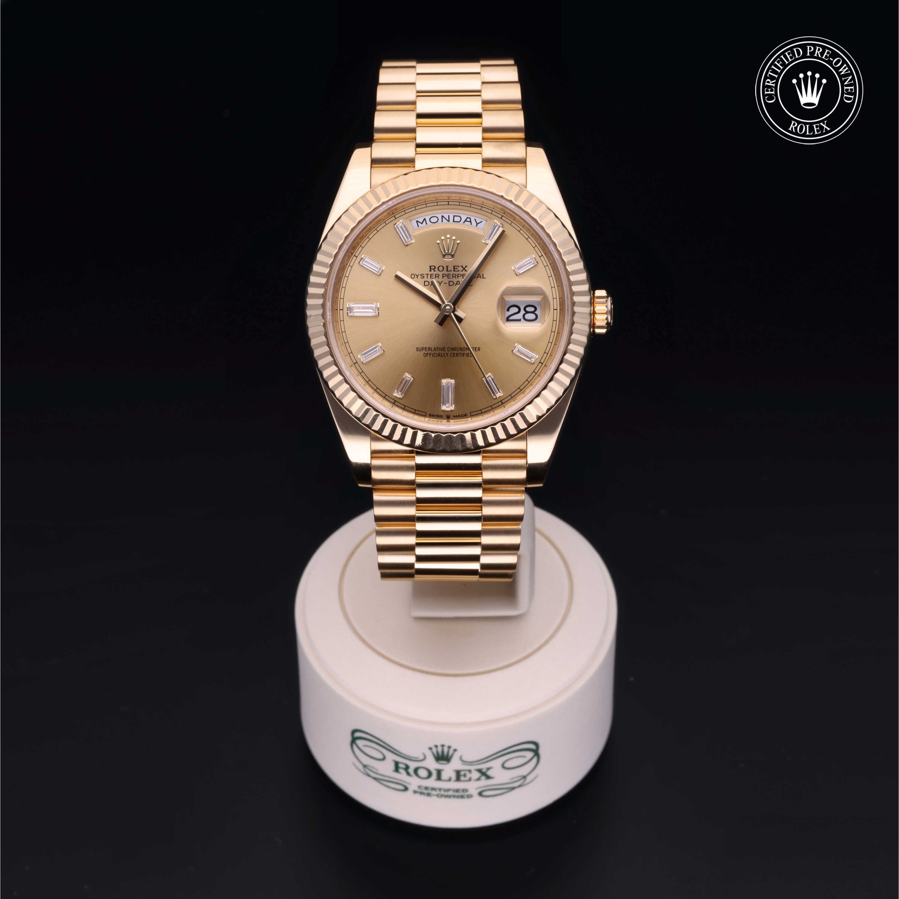 Rolex Certified Pre-owned Day-date M228238-0005 front on black background