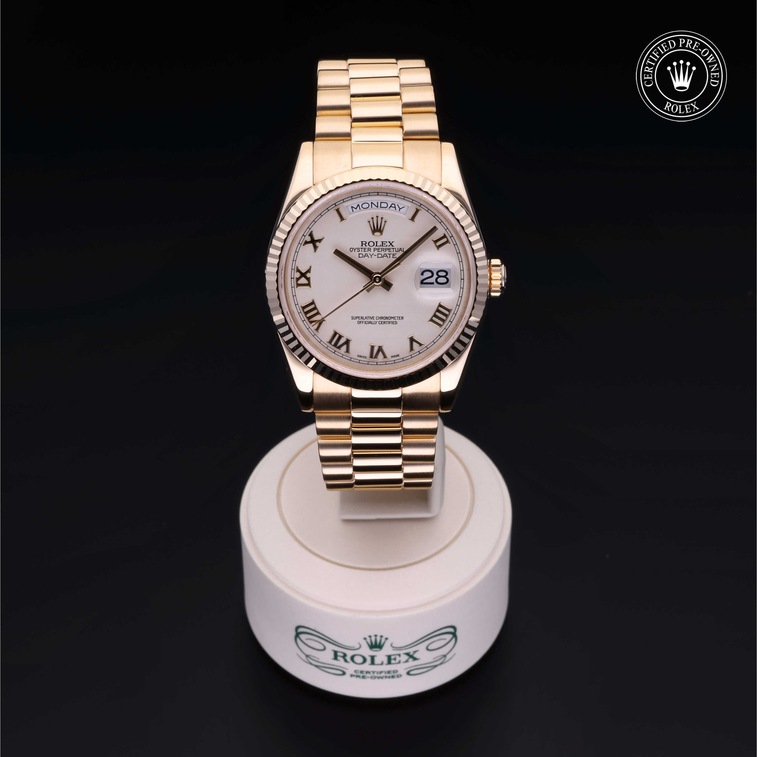 Rolex Certified Pre-owned Day-date M118238-0051 front on black background