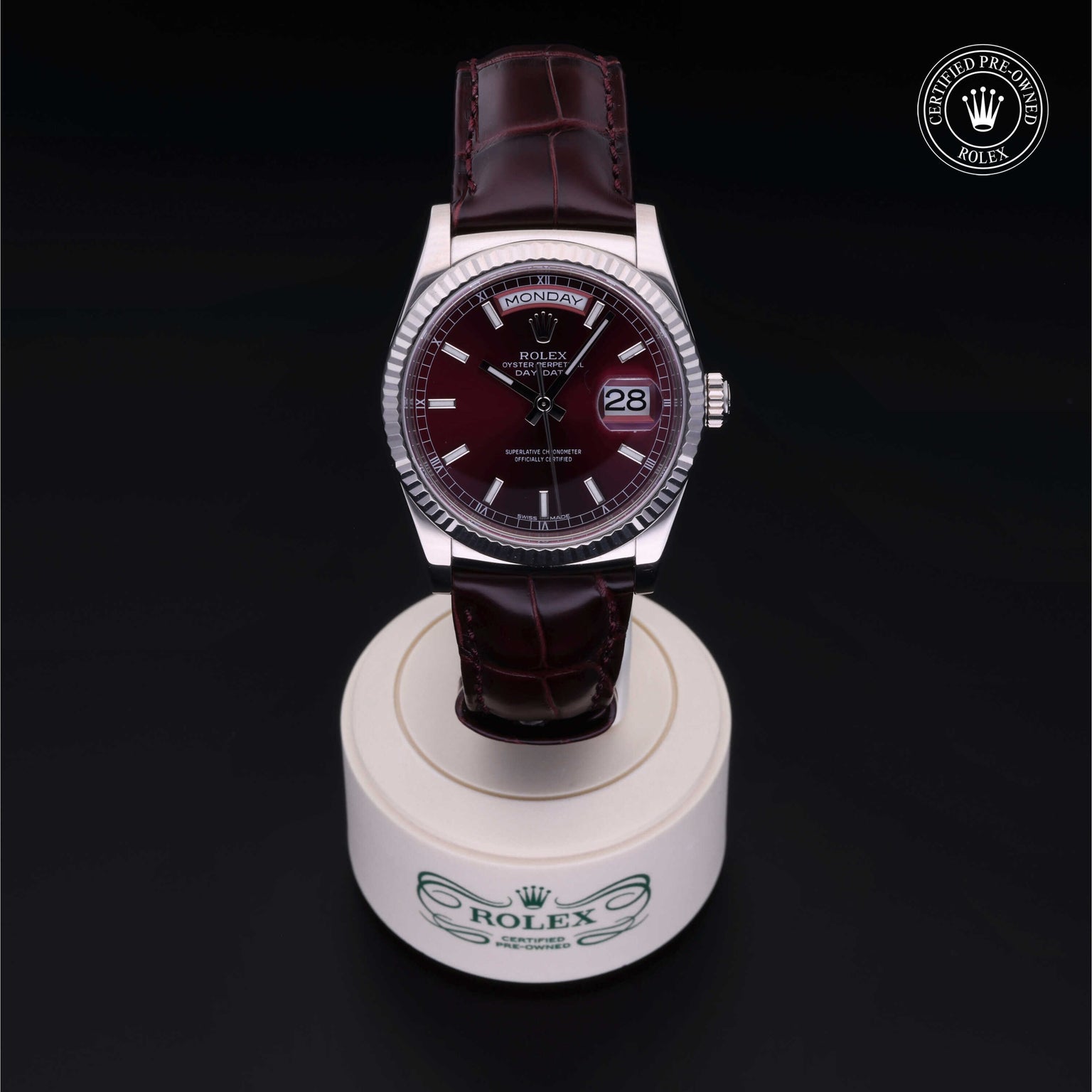 Rolex Certified Pre-owned Day-date M118139-0014 front on black background