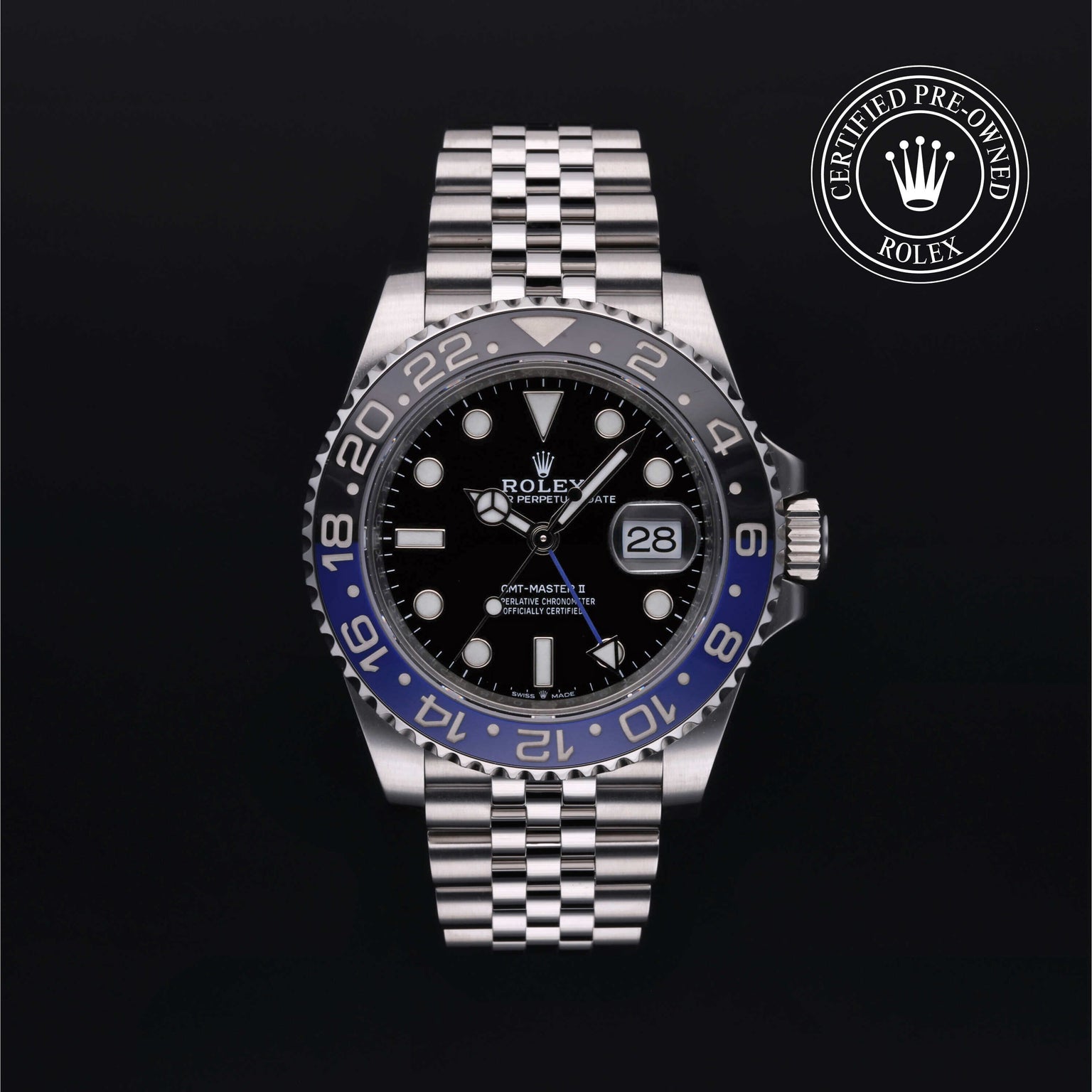 Rolex Certified Pre-owned GMT II M126710BLNR-0002 front on black background