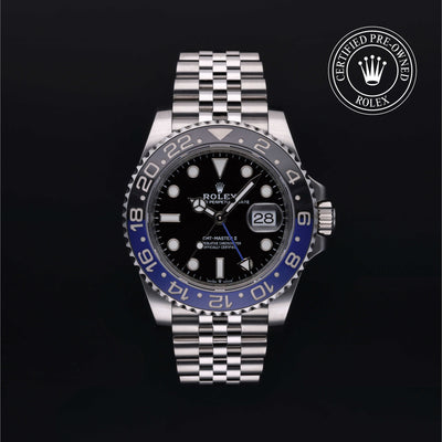 Rolex Certified Pre-owned GMT II M126710BLNR-0002 front on black background