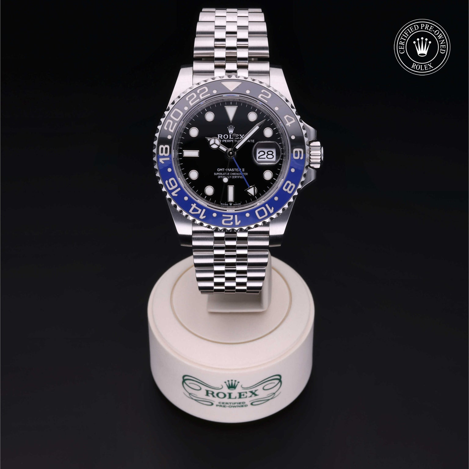 Rolex Certified Pre-owned GMT II M126710BLNR-0002 front on black background