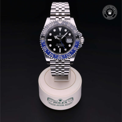 Rolex Certified Pre-owned GMT II M126710BLNR-0002 front on black background