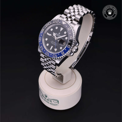 Rolex Certified Pre-owned GMT II M126710BLNR-0002 front on black background