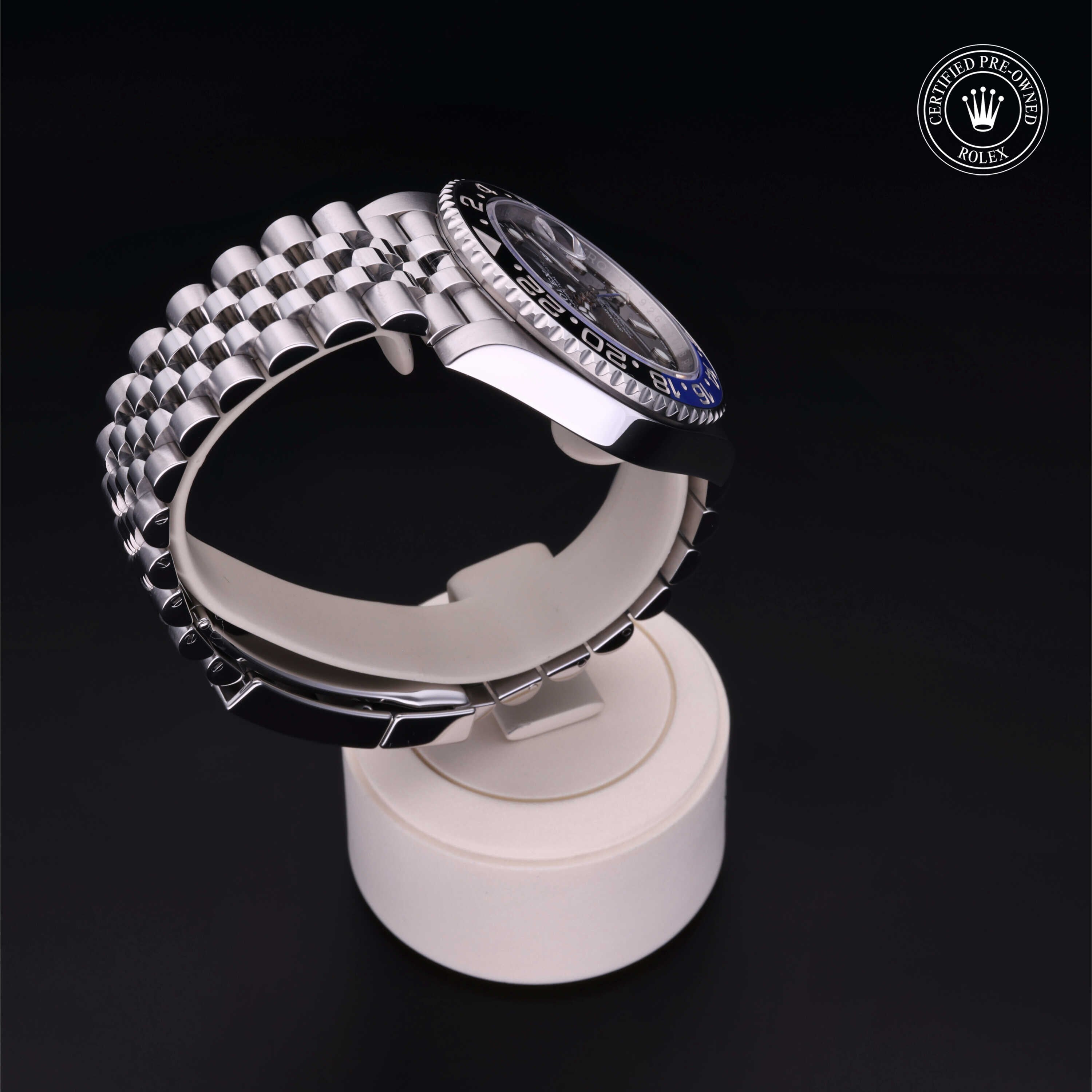 Rolex Certified Pre-owned GMT II M126710BLNR-0002 front on black background