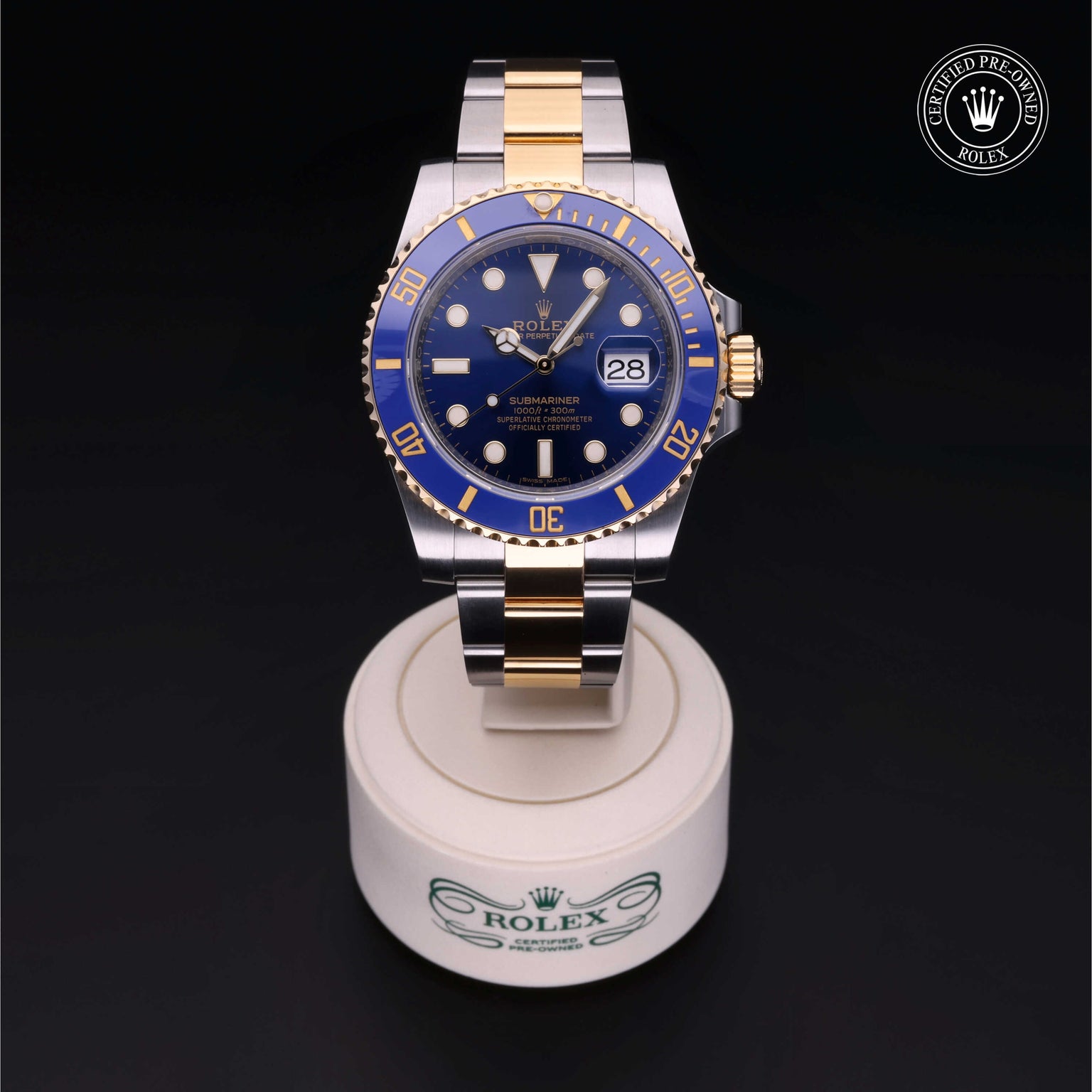 Rolex Certified Pre-owned Submariner Date M116613LB-0005 front on black background