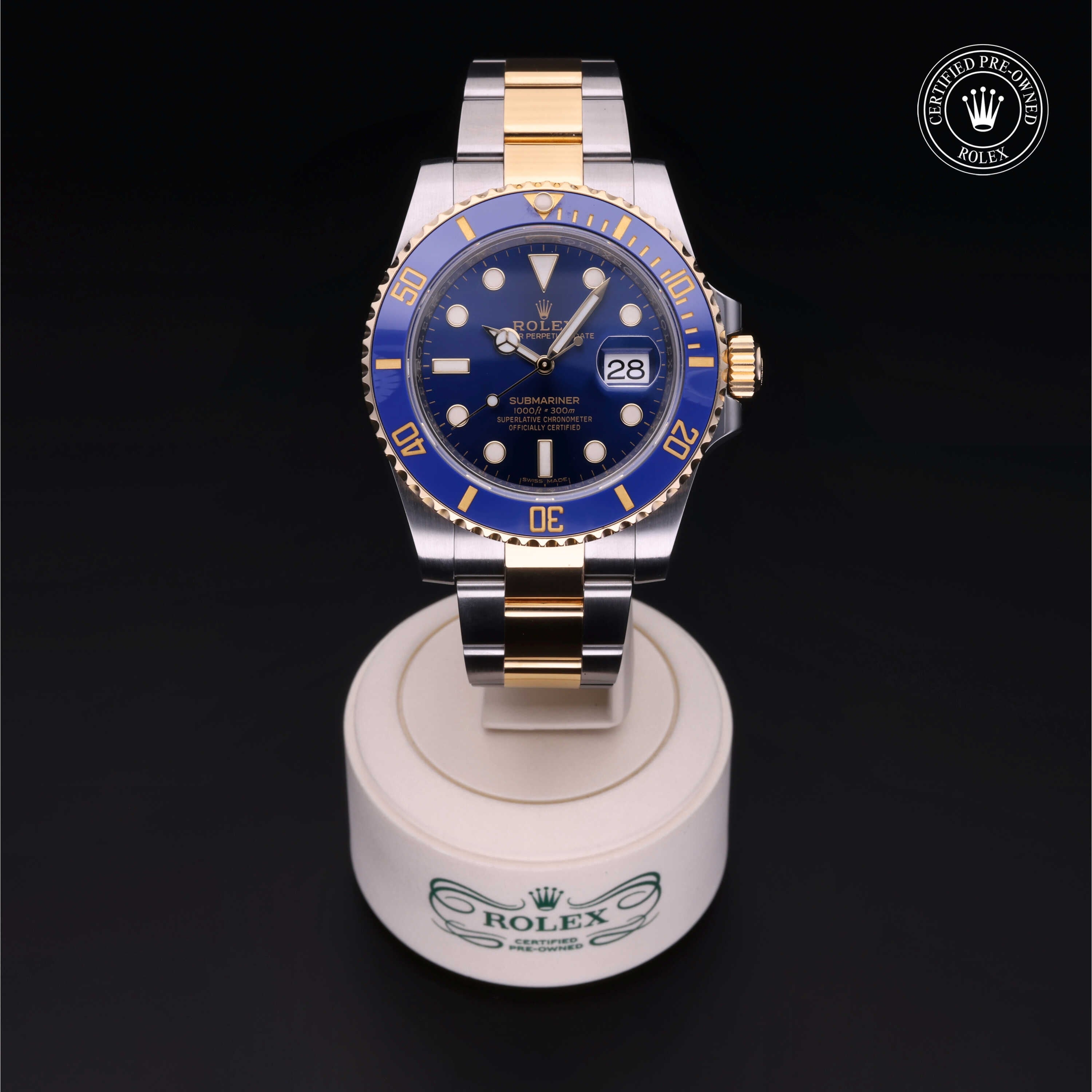Rolex Certified Pre-owned Submariner Date M116613LB-0005 front on black background