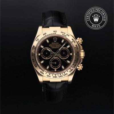 Rolex Certified Pre-owned Daytona M116518-0036 front on black background