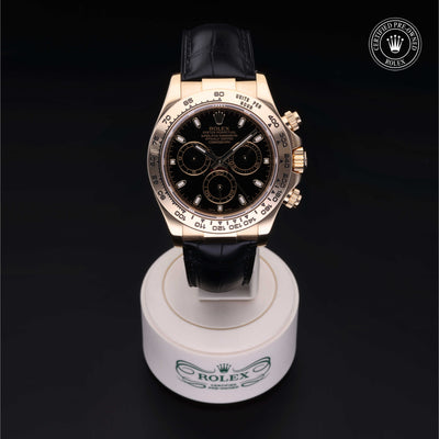Rolex Certified Pre-owned Daytona M116518-0036 front on black background