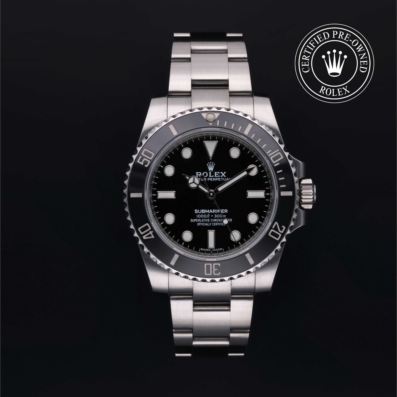 Rolex Certified Pre-owned Submariner Non Date M114060-0002 front on black background