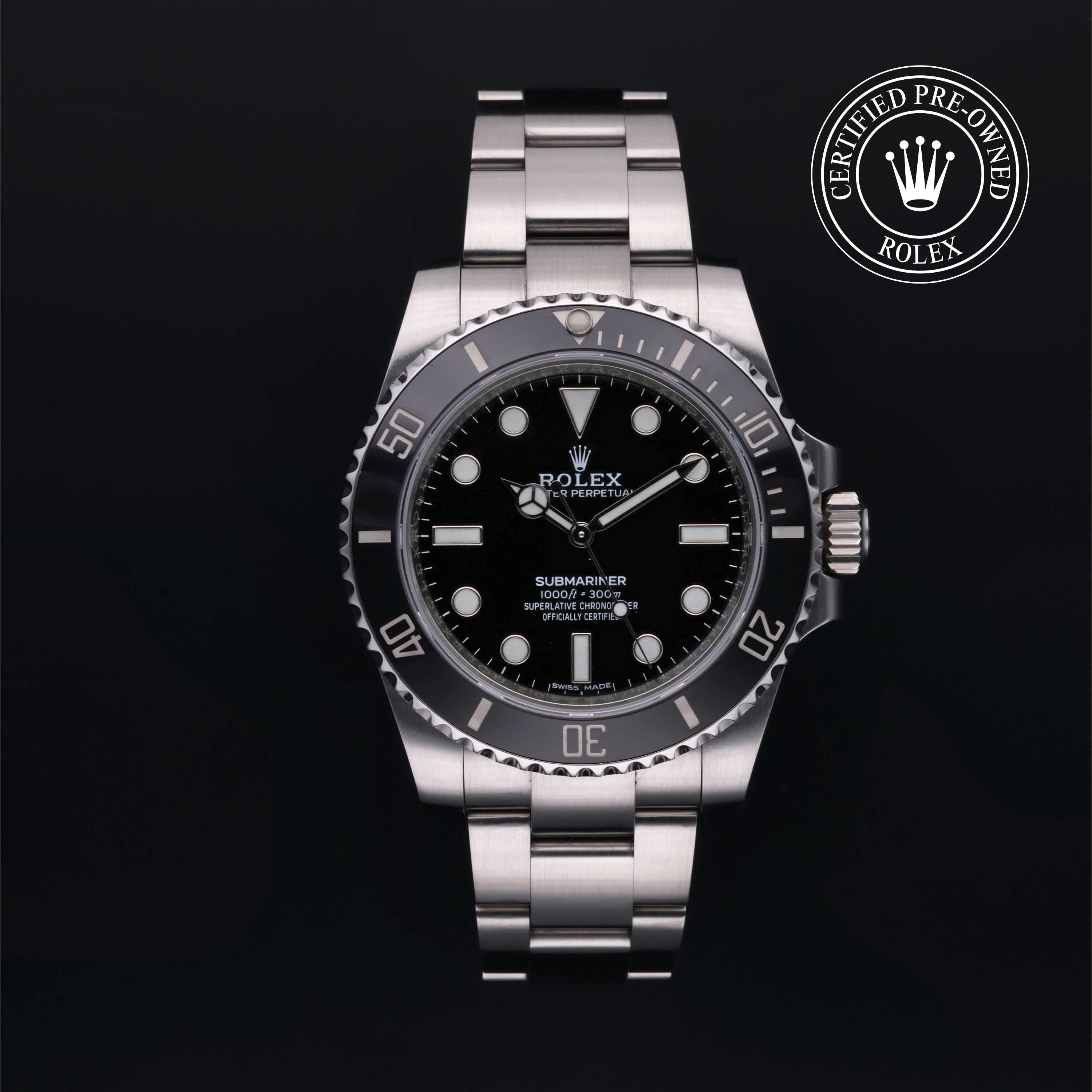 Rolex Certified Pre-owned Submariner Non Date M114060-0002 front on black background