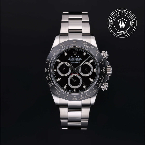 Rolex Certified Pre-owned Daytona M116500LN-0002 front on black background