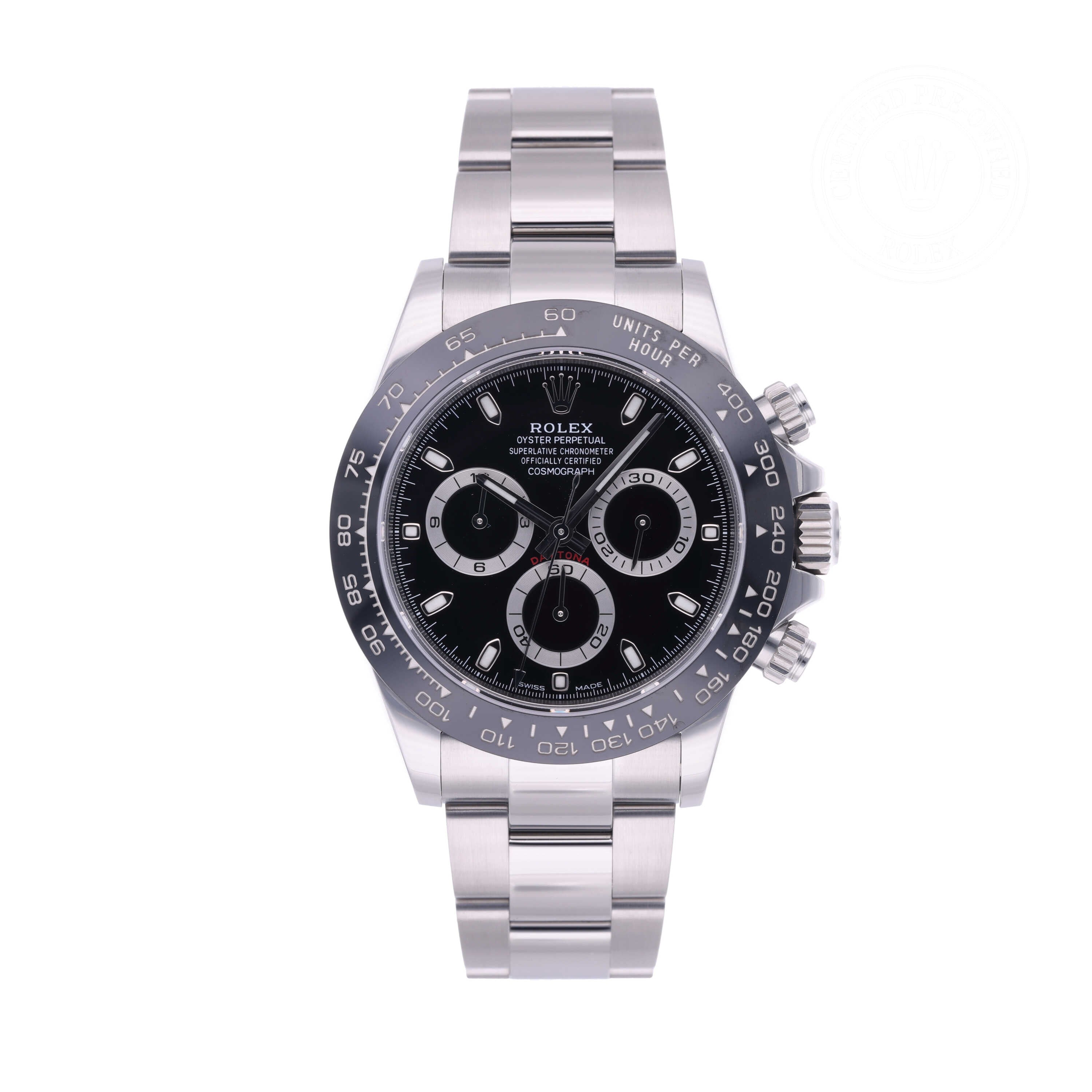 Rolex Certified Pre-owned Daytona M116500LN-0002 front on white background
