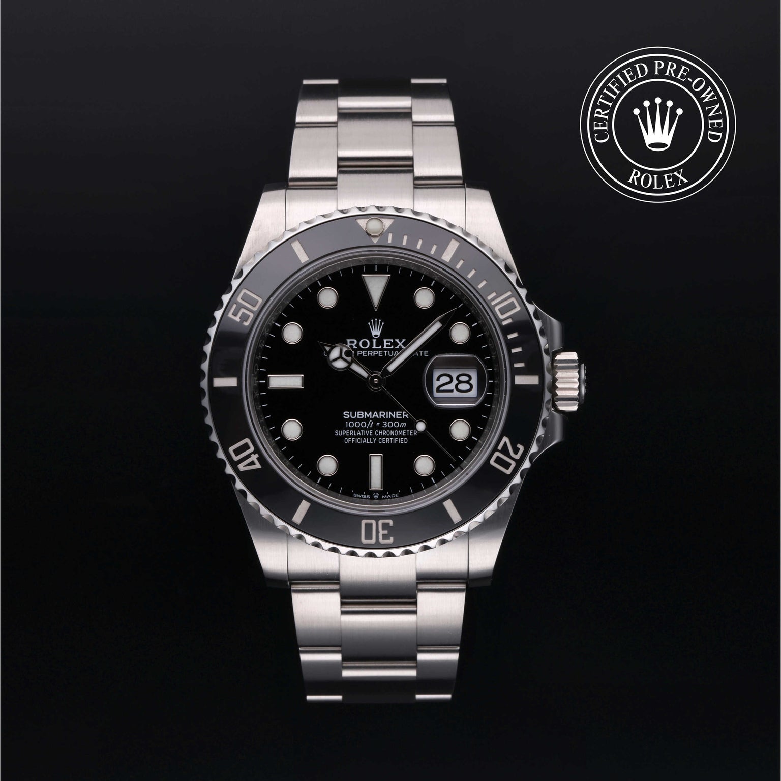 Rolex Certified Pre-owned Submariner Date M126610LN-0001 front on black background