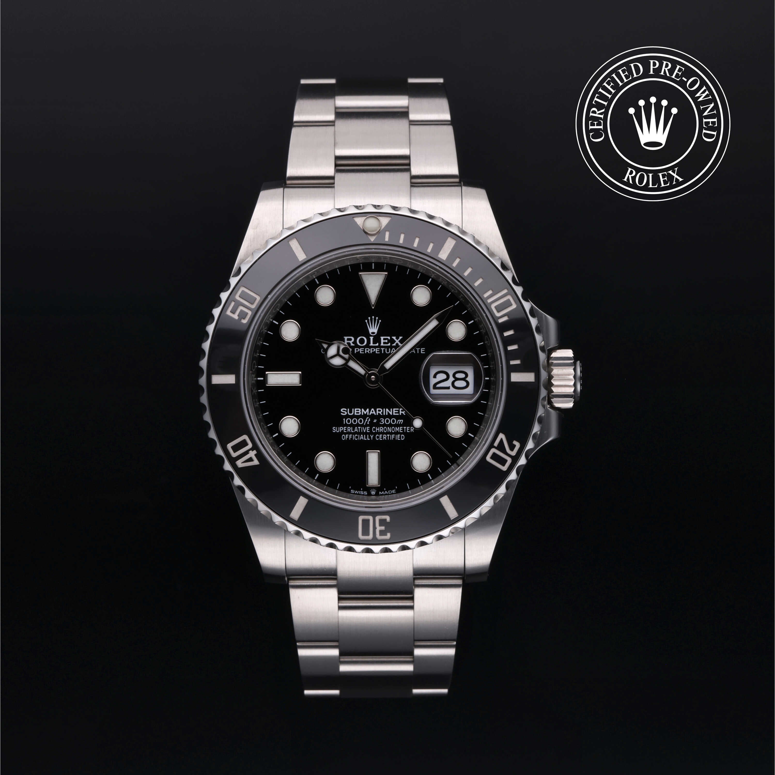 Rolex Certified Pre-owned Submariner Date M126610LN-0001 front on black background