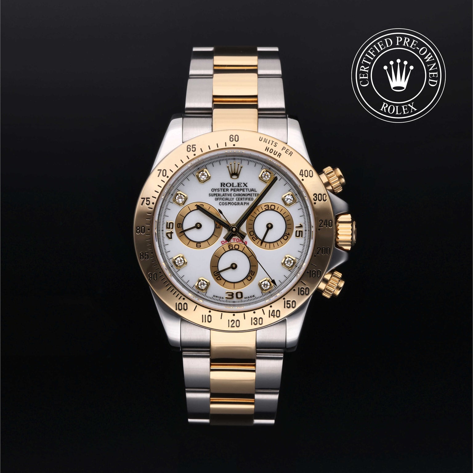 Rolex Certified Pre-owned Daytona M116523-0022 front on black background