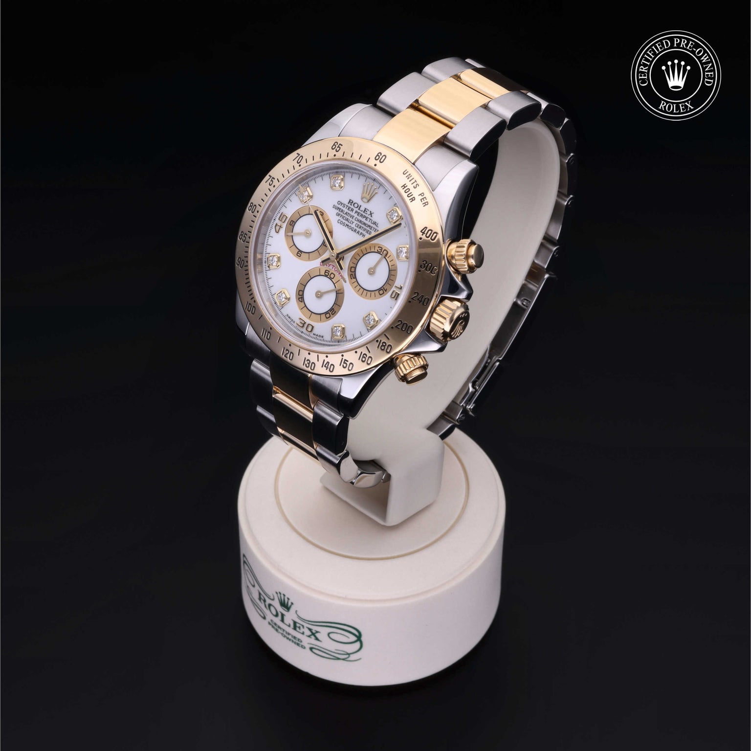 Rolex Certified Pre-owned Daytona M116523-0022 front on black background