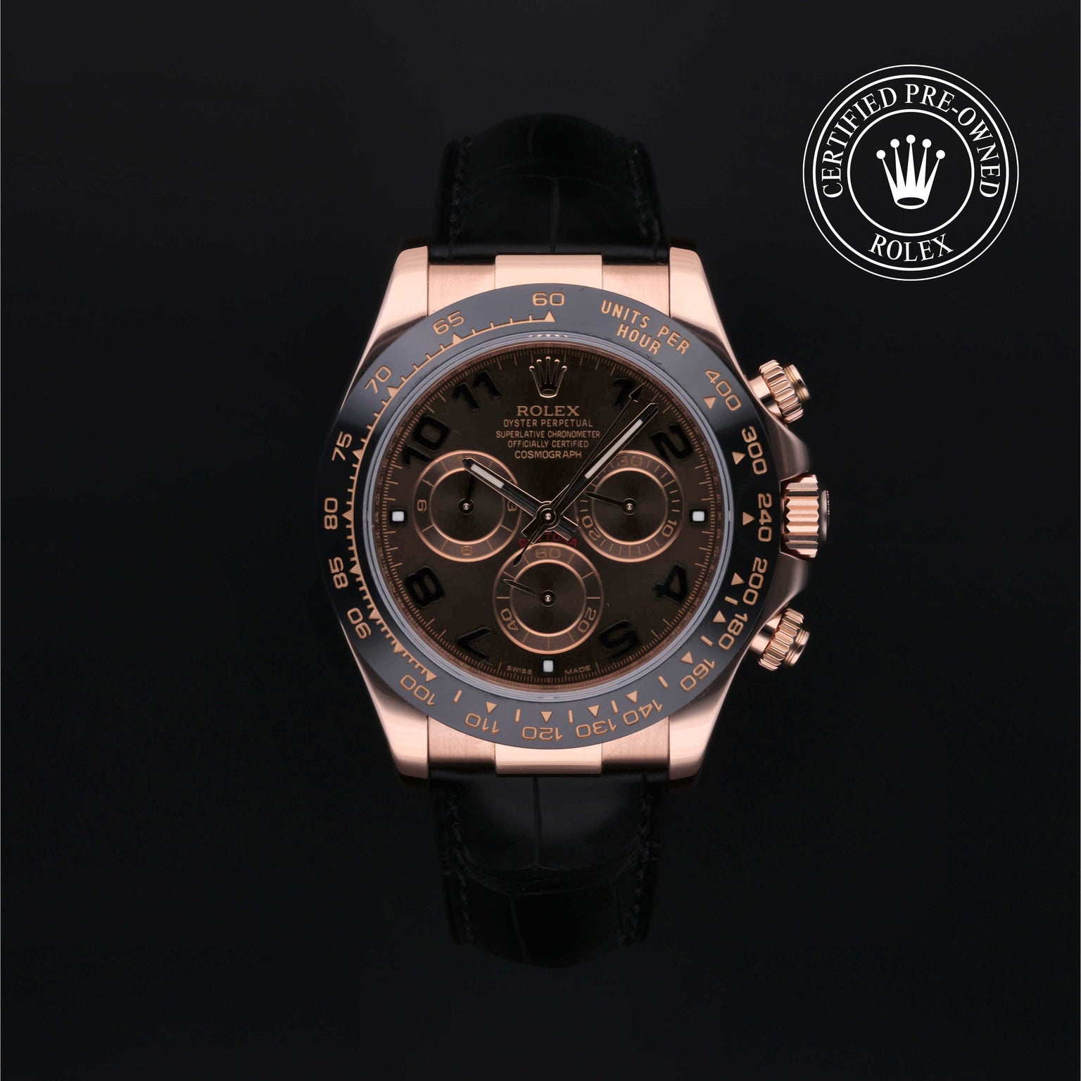 Rolex Certified Pre-owned Daytona M116515LN-0002 front on black background